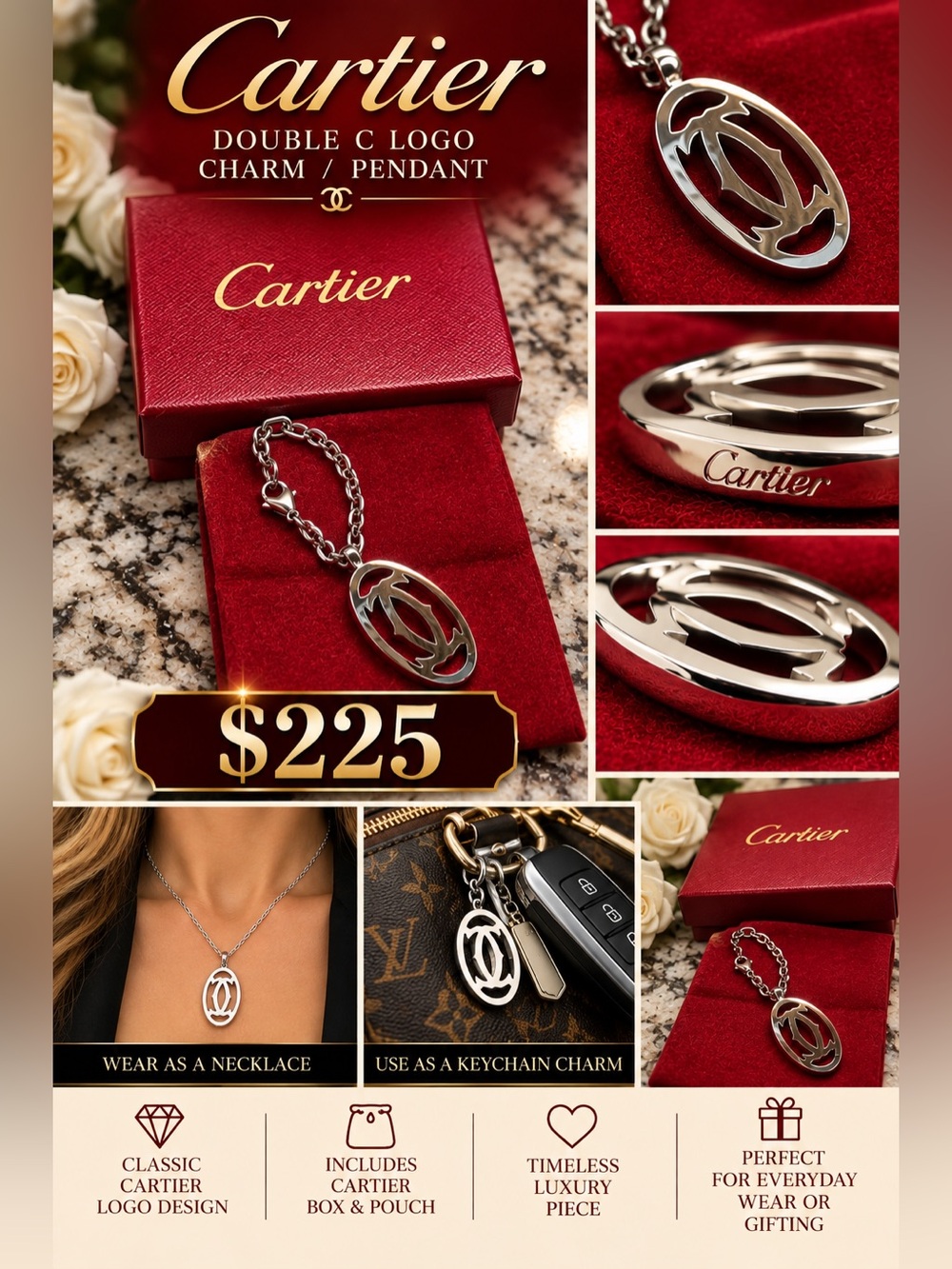 Authentic Cartier Logo Medallion Charm - Silver Pendant